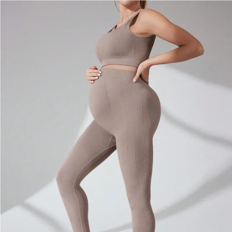 Completo Yoga per Donne in Gravidanza, Top Corto Senza Cuciture + Leggings con Supporto per la Pancia, Set Due Pezzi Elasticizzato per Gravidanza