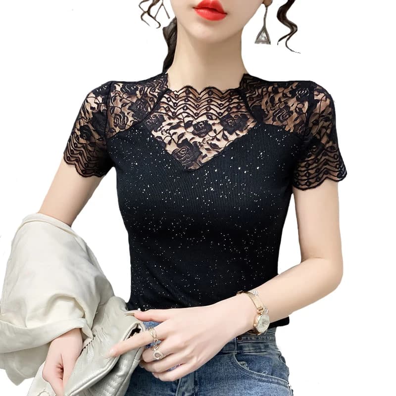 Top da donna estivi Patchwork T-shirt in rete di seta brillante Camicia in pizzo a maniche corte Pathcwork