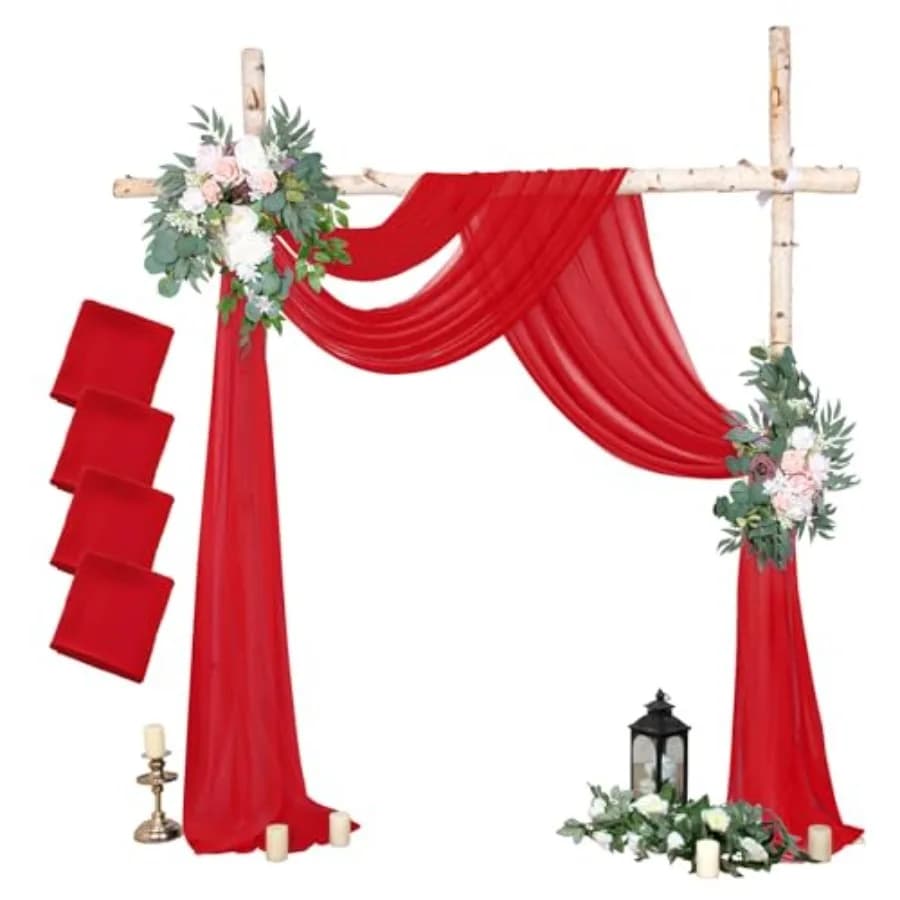Red Wedding Arch Draping Fabric 4 Panels 29" X18Ft, Sheer Backdrop Curtains, Red Chiffon Drapes for Bridal Shower, Party Decor,
