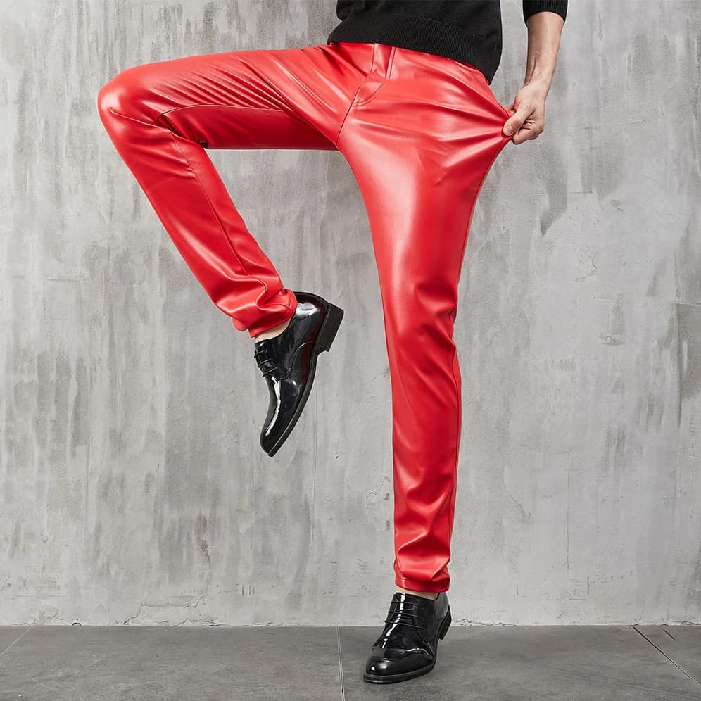 Pantaloni in pelle da uomo Skinny Fit Stretch Fashion PU pantaloni in pelle Nightclub Party & Dance Pants Thin