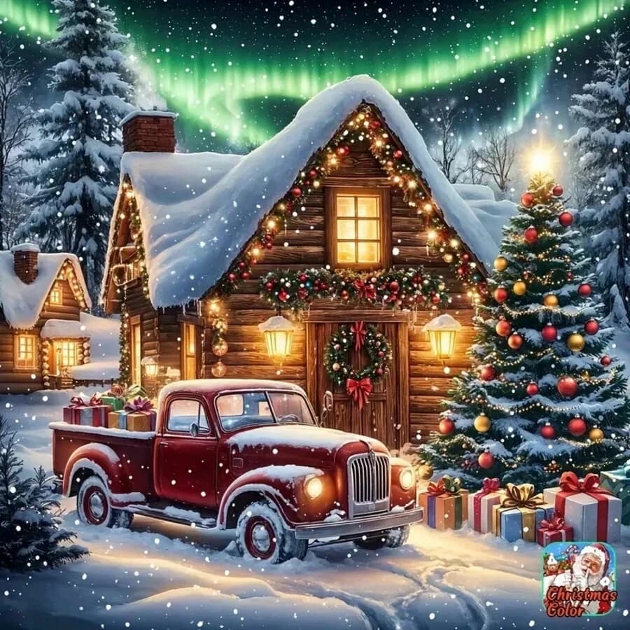Aurora Winter Wooden Cabin Red Truck Christmas Tree Gifts Snow Scene Art 5D DIY Diamond Painting Kit Handmade Home Wall Decor