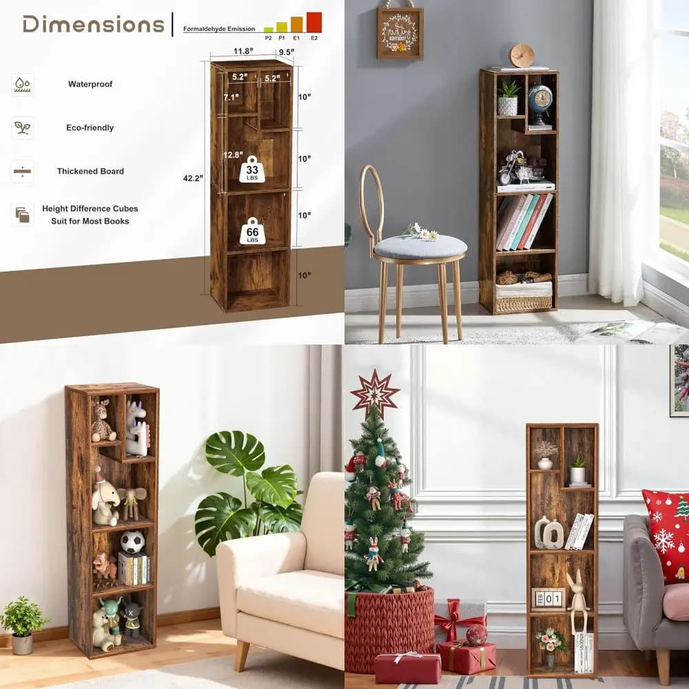 Libreria in legno a 4 livelli con ripiani ad altezza vari, armadio portaoggetti, organizer a 5 cubi, design orizzontale, facile da montare, ruggine