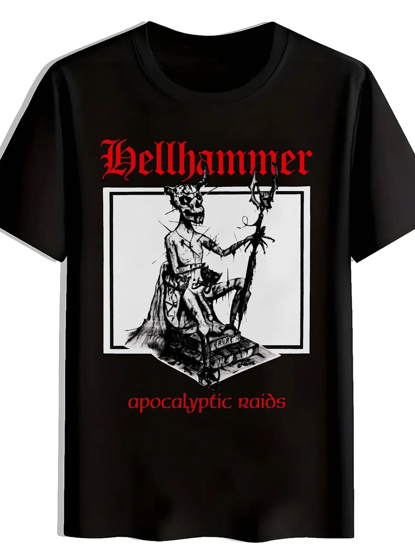T-shirt da uomo con grafica rock band - T-shirt estiva casual nera in poliestere con girocollo a maniche corte con stampa HELLHAMMER