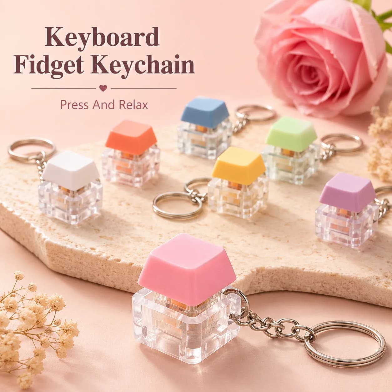 Keyboard Fidget Keychain, Mini Keycap Clicker Toy with Transparent Base, Mechanical Switch Style Press Button and Metal Key Ring, Portable Stress Relief Desk Toy, Bag Charm, Office Fidget Gadget, Random Pastel Color, Novelty Gift for Adults