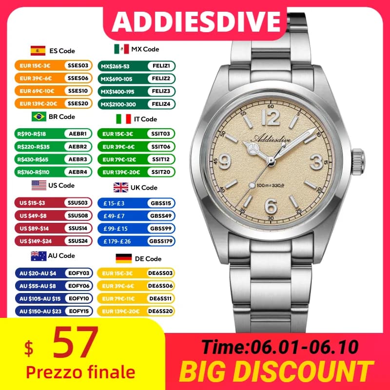 ADDIESDIVE 36MM Quartz watch for men AD2518 reloj hombre Stainless steel Bubble Glass dome 10ATM Waterproof VH31 Underwater Watches