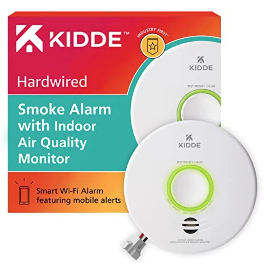 Smart smoke detector and indoor air quality monitor for home safety: hardwired with battery backup, WiFi and Alexa compatible,