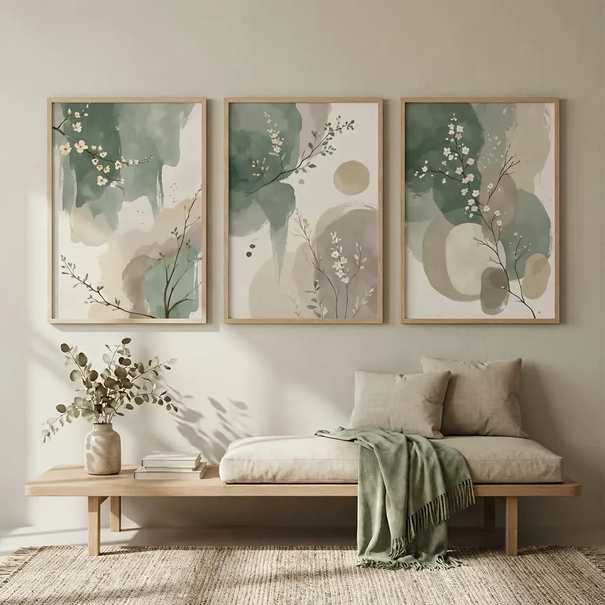 Set di 3 Quadri su Tela in Stile Giapponese, Arte Astratta ad Acquerello, Foglie Verde Salvia e Beige, Poster su Tela Senza Cornice per Decorazione Camera da Letto