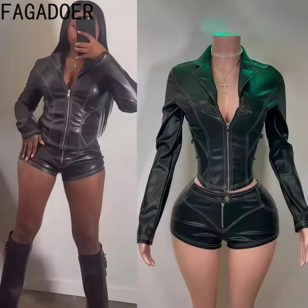 FAGADOER Punk Y2K In Pelle 2 Pezzi Set Vestito Delle Donne Profondo Scollo A V Cerniera Patchwork Crop Giacca E Pantaloncini Abiti Hot Girl Streetwear Nuovo