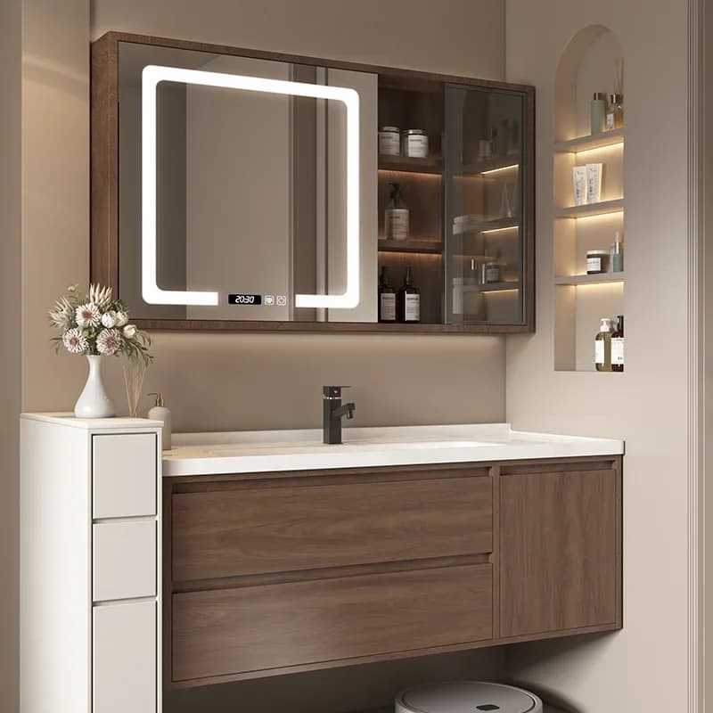 Mobiletto da bagno di lusso con lavabo combinato in ceramica, mobiletto da bagno per cassetto per spazio multimediale, mobiletto portaoggetti, noce