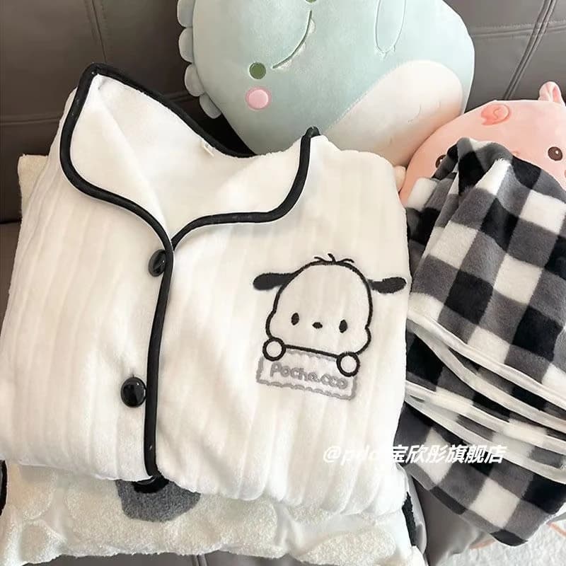 Set Pigiama in Flanella Kawaii 2 Pezzi Pochacco Hello Kitty per Ragazze, Autunno Inverno, Carino Cartone Animato, Caldo, per Donna e Studentesse, Abbigliamento da Casa Anime, Regalo