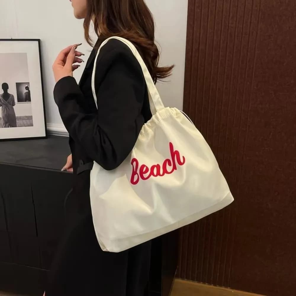 Fashion Canvas Shoulder Bag Letters Printed Portable Handbag Casual Large Capacity String Tote Bag Shopping