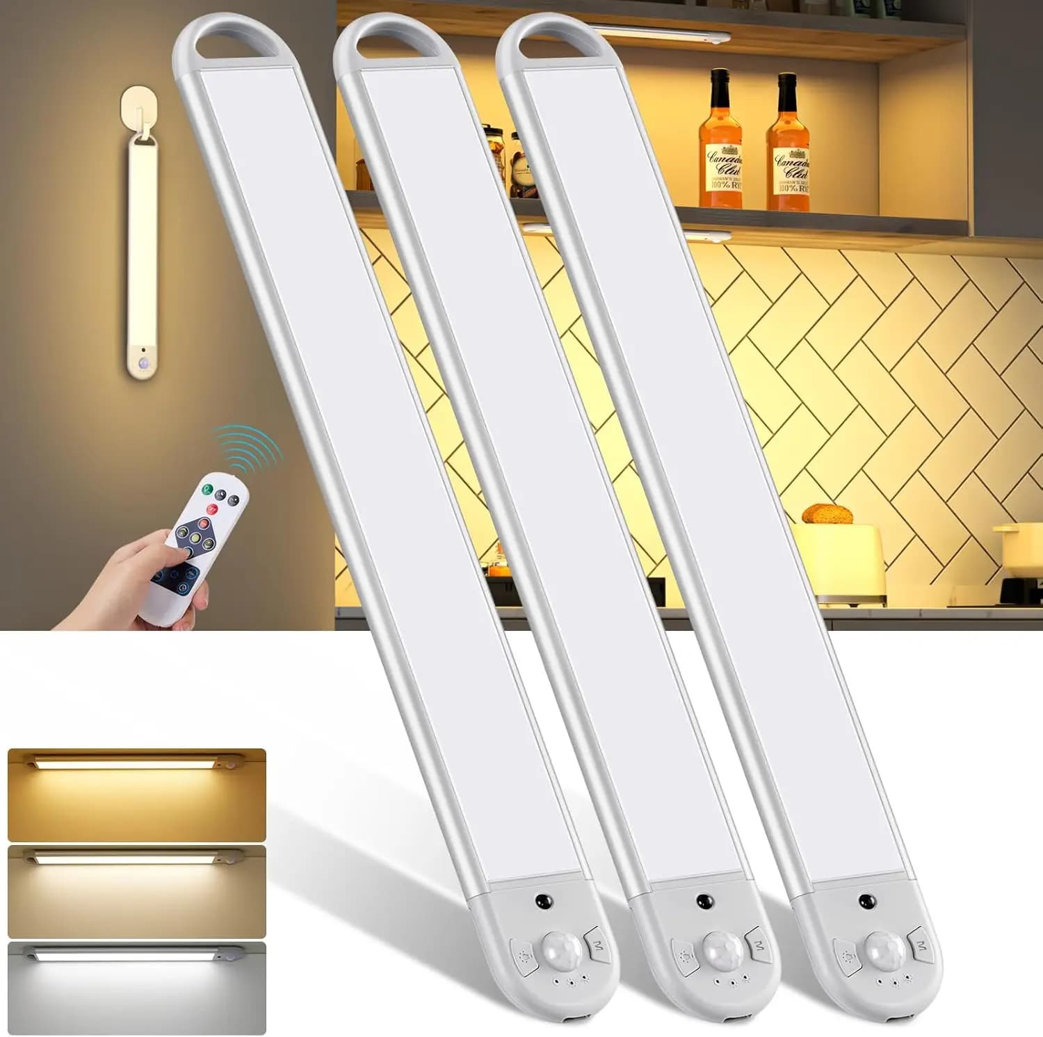 Lampada da cucina con sensore di movimento, luce notturna a LED sotto il mobile, 2200 mAh, ricaricabile tramite Type-C, 3 colori, appendibile, per l'arredamento di armadi e camere da letto
