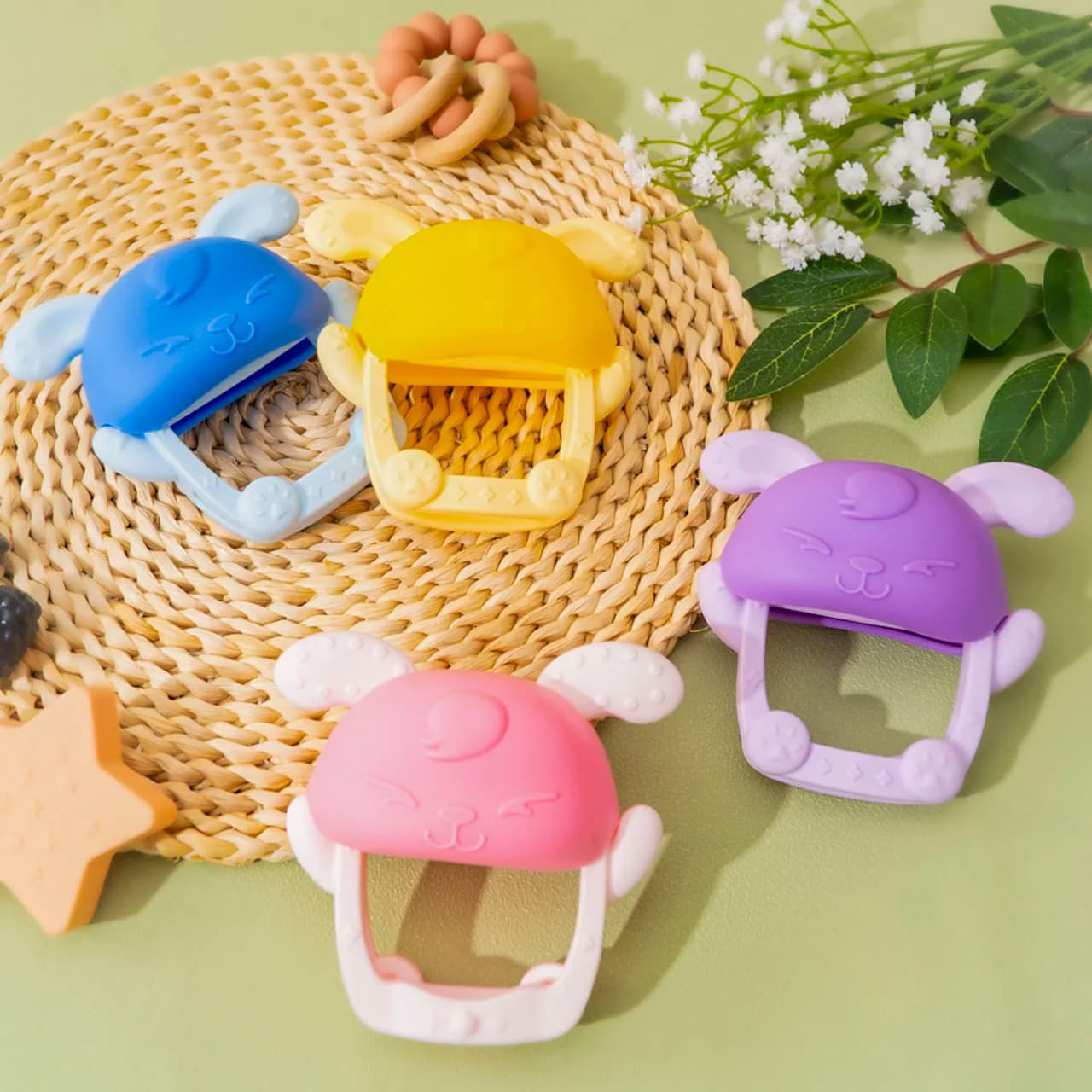 1PC massaggiagengive in Silicone per bambini giocattoli per bambini a forma di coniglio del fumetto Anti-mangiare attrezzature per la cura del bambino in tinta unita articoli per bambini carini