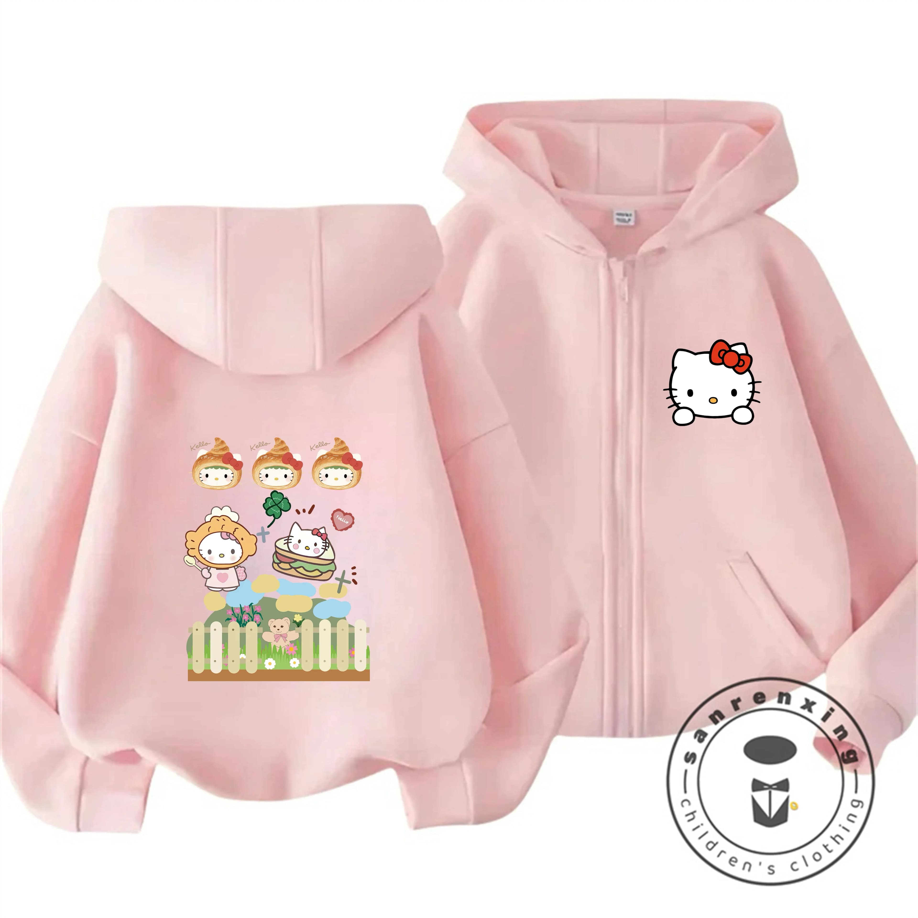 Nuova Giacca con Cappuccio e Zip alla Moda, Top Invernale Casual con Cartoni Animati Kawaii, Hello Kitty per Bambini 3-14 Anni