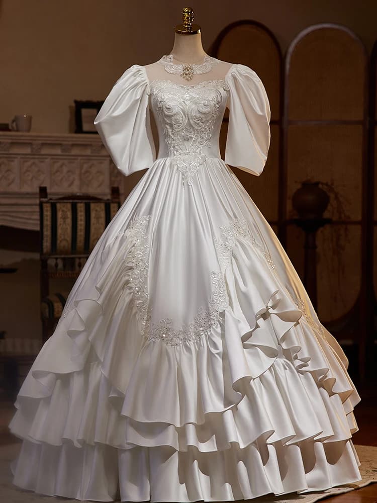 Abito da Sposa Bianco in Raso Stile Ball Gown con Gonna Voluminosa, Abito da Cerimonia per Adulti, Abito da Sera per Donne, Stile Coreano di Alta Gamma con Perline di Cristallo