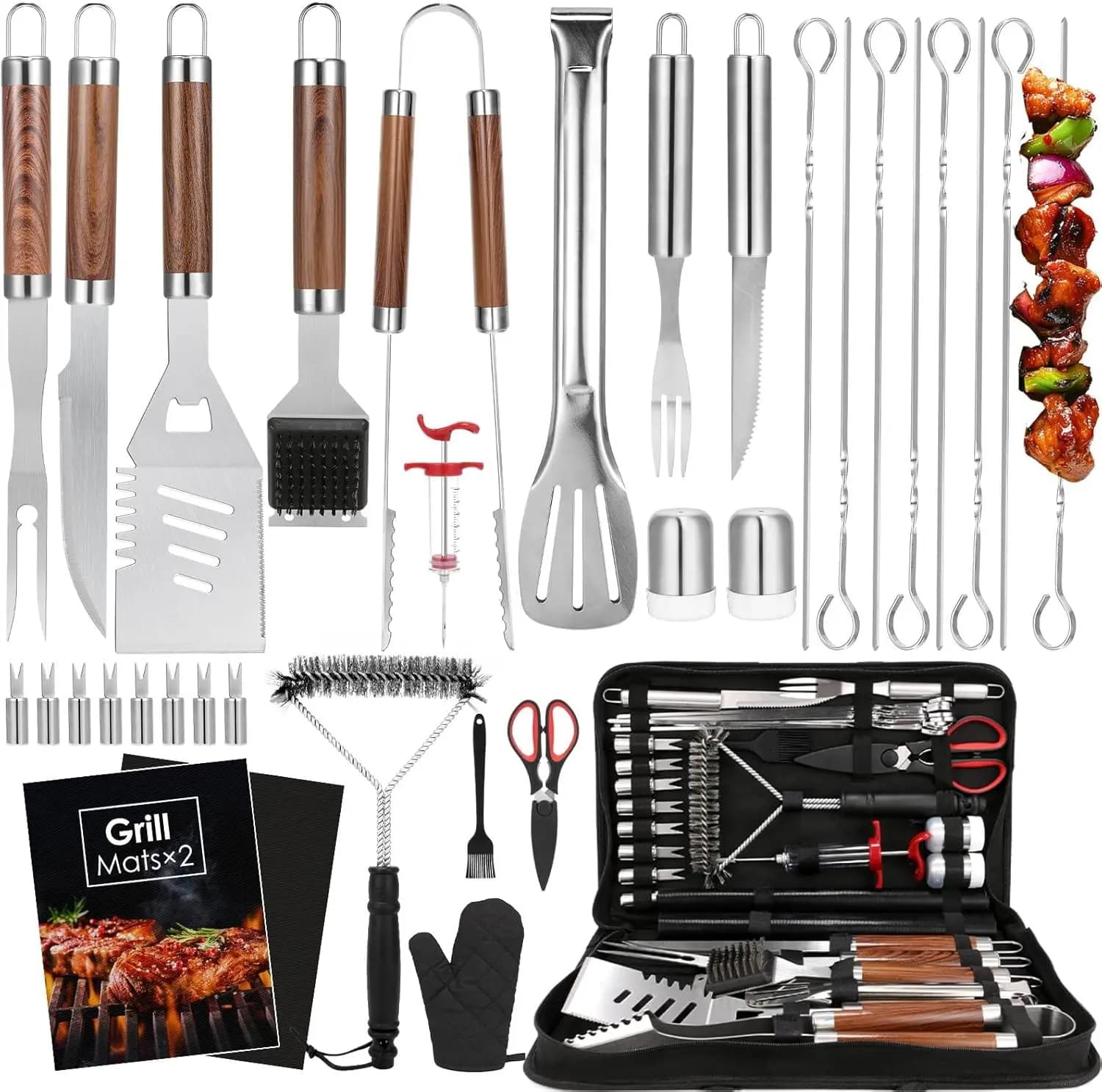Set di 34 Utensili per Barbecue Resistenti per Campeggio all'Aperto, Kit di Utensili per Barbecue in Acciaio Inox con Tappetini e Guanti in Borsa da Trasporto