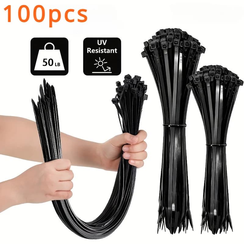 100-piece black cables, high tensile strength, UV-resistant, self-locking for cable management at home and office