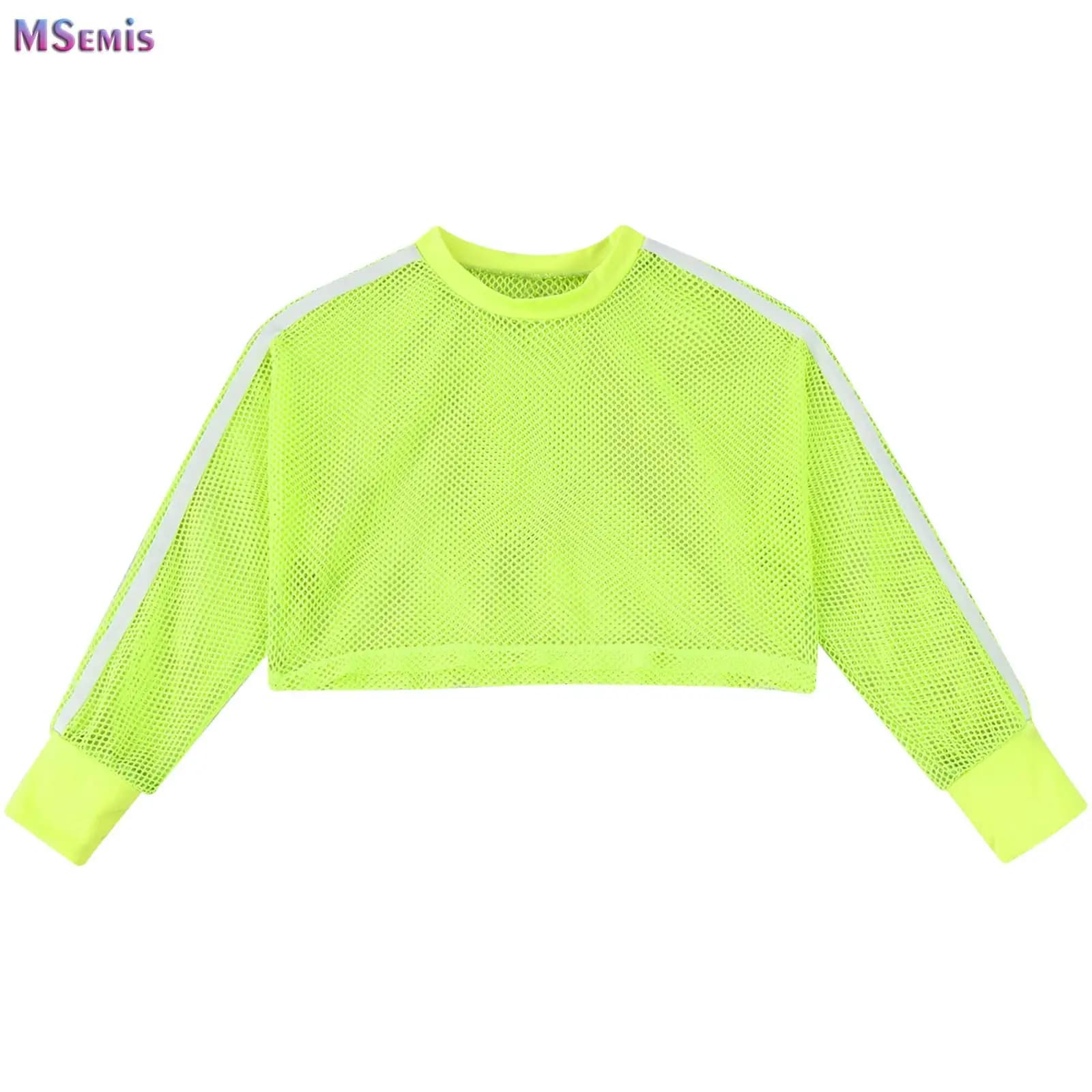 T-shirt a rete per bambina per bambini Top da ballo di strada hip-hop Manica lunga Girocollo Scava fuori Top corto in rete per allenamento Abbigliamento sportivo da palestra