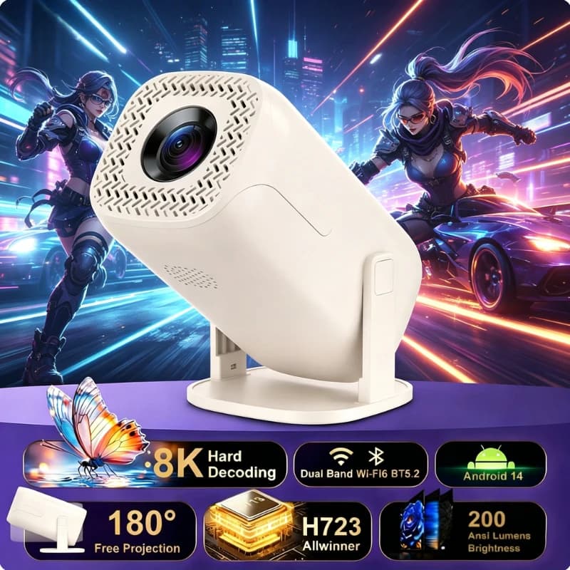 V2 Mini Projector Android 14 Allwinner H723 8K Decoding WiFi6 BT 5.2 Auto Keystone Outdoor Video Home Theater Support HDMI-IN