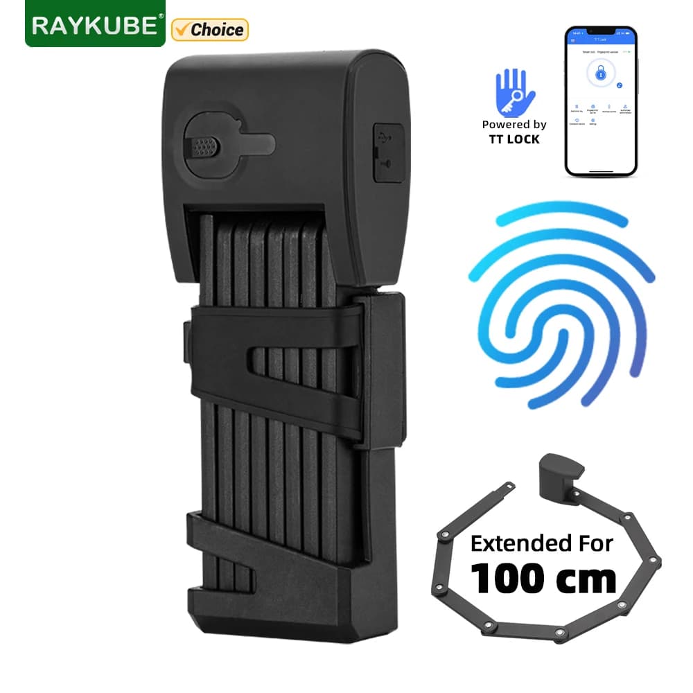 RAYKUBE Smart Fingerprint Pieghevole Bike lock 65 Mn Acciaio IP67 Impermeabile Serratura Elettrica TT Lock APP Sblocco Per Bicicletta Moto