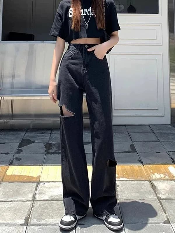 plus Size Women's High Waist Straight Leg Denim Jeans Black Ripped Wide Leg Pants Autumn Loose Drapey Casual Retro Style