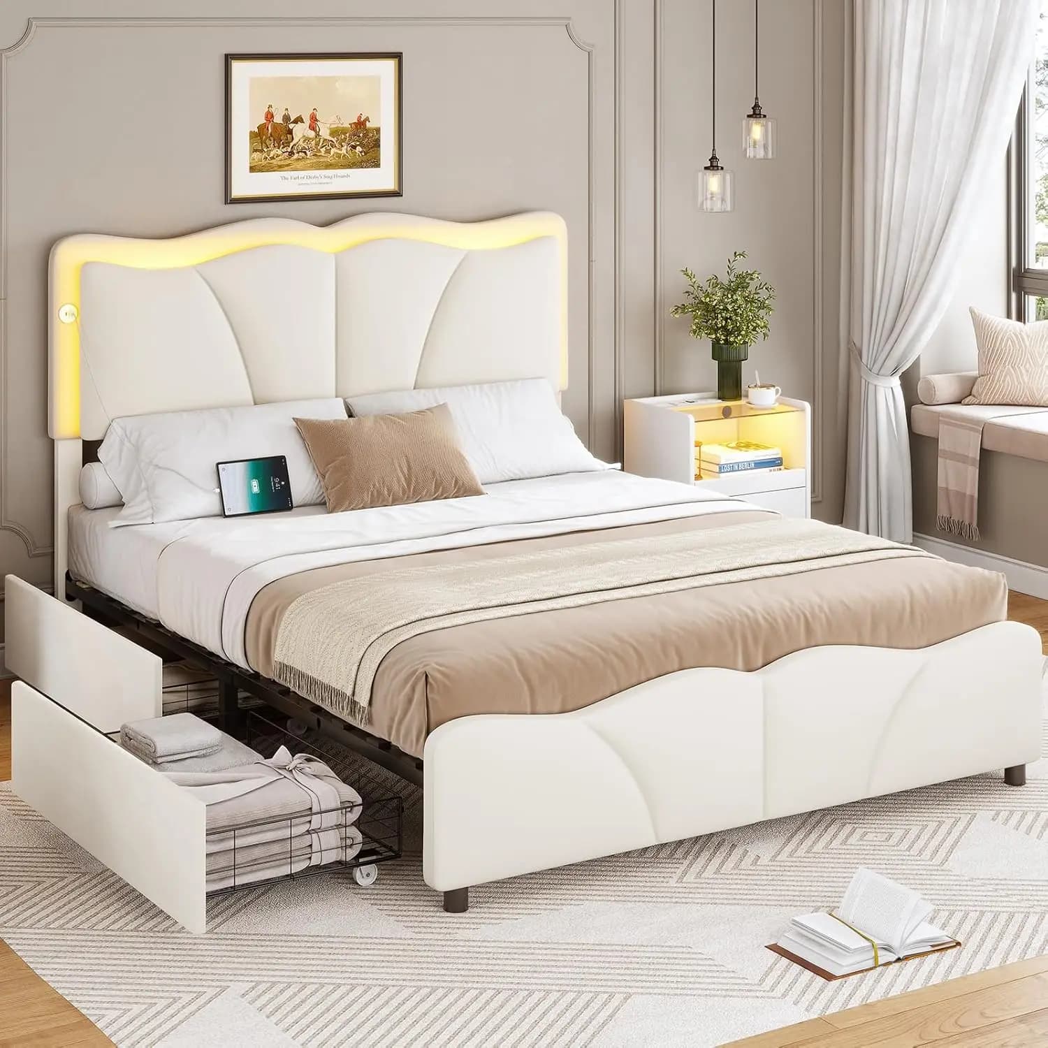 Struttura letto con 4 cassetti contenitore e luci LED, letto a piattaforma imbottito in velluto con altezza regolabile, personalizzabile