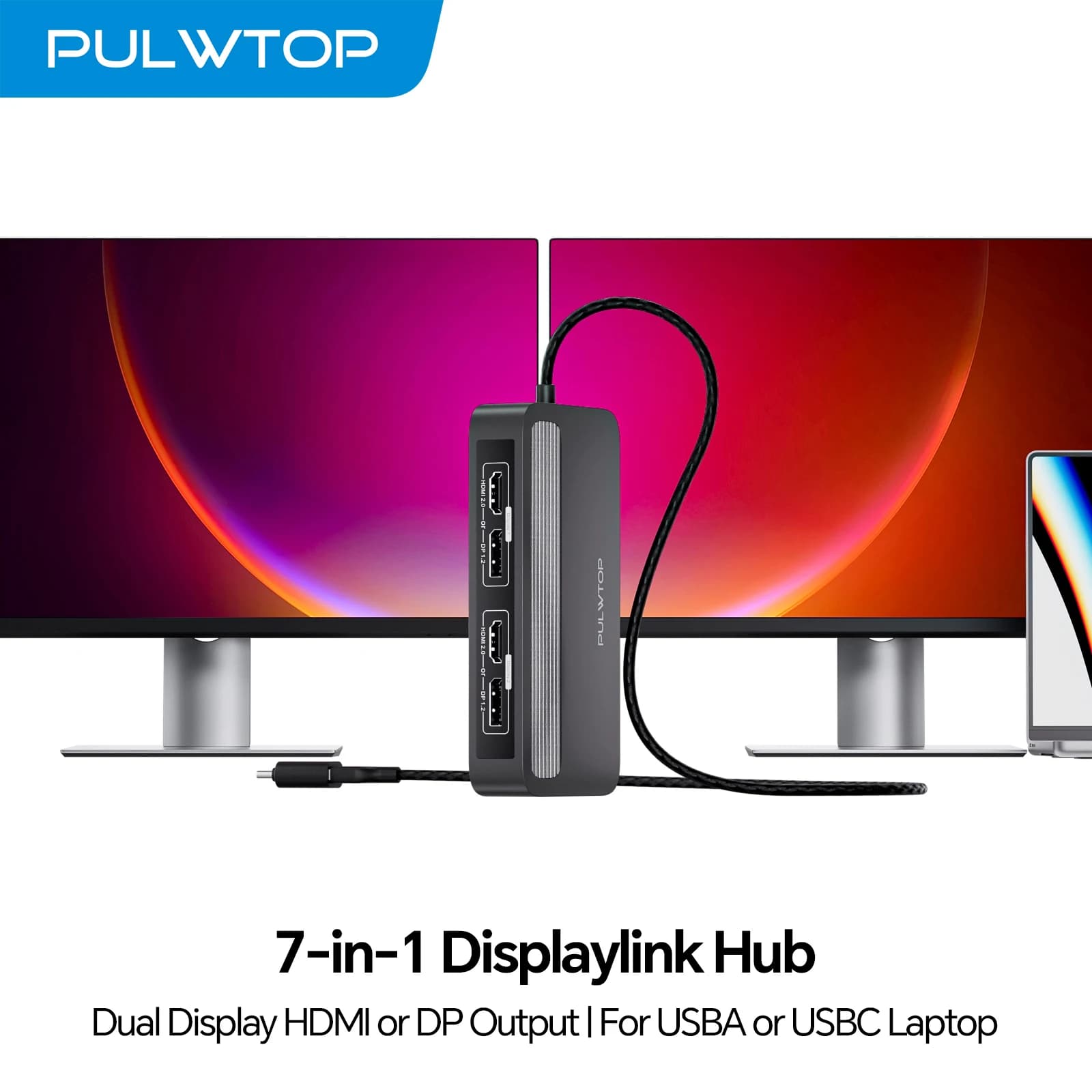 Docking station PULWTOP Dual DisplayLink per MacBook M1/M2/M3/M4/M5/Windows, con HDMI 4K a 60 Hz, 2 USB A 2.0, Ethernet