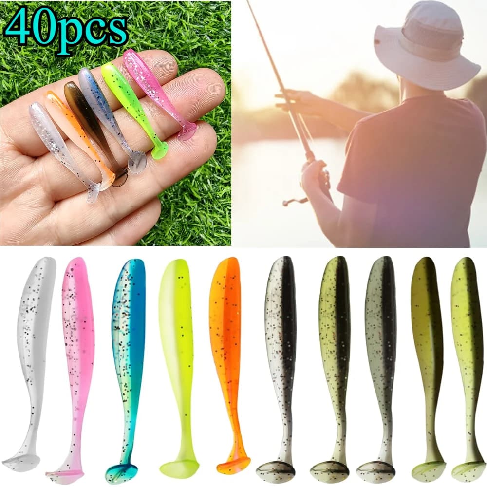 40 pz Micro Esche Da Pesca Morbide 40mm/0.5g T-coda Verme Richiamo Piccola Esca Artificiale Jig Wobblers per Spigola e Luccio Attrezzatura Da Pesca