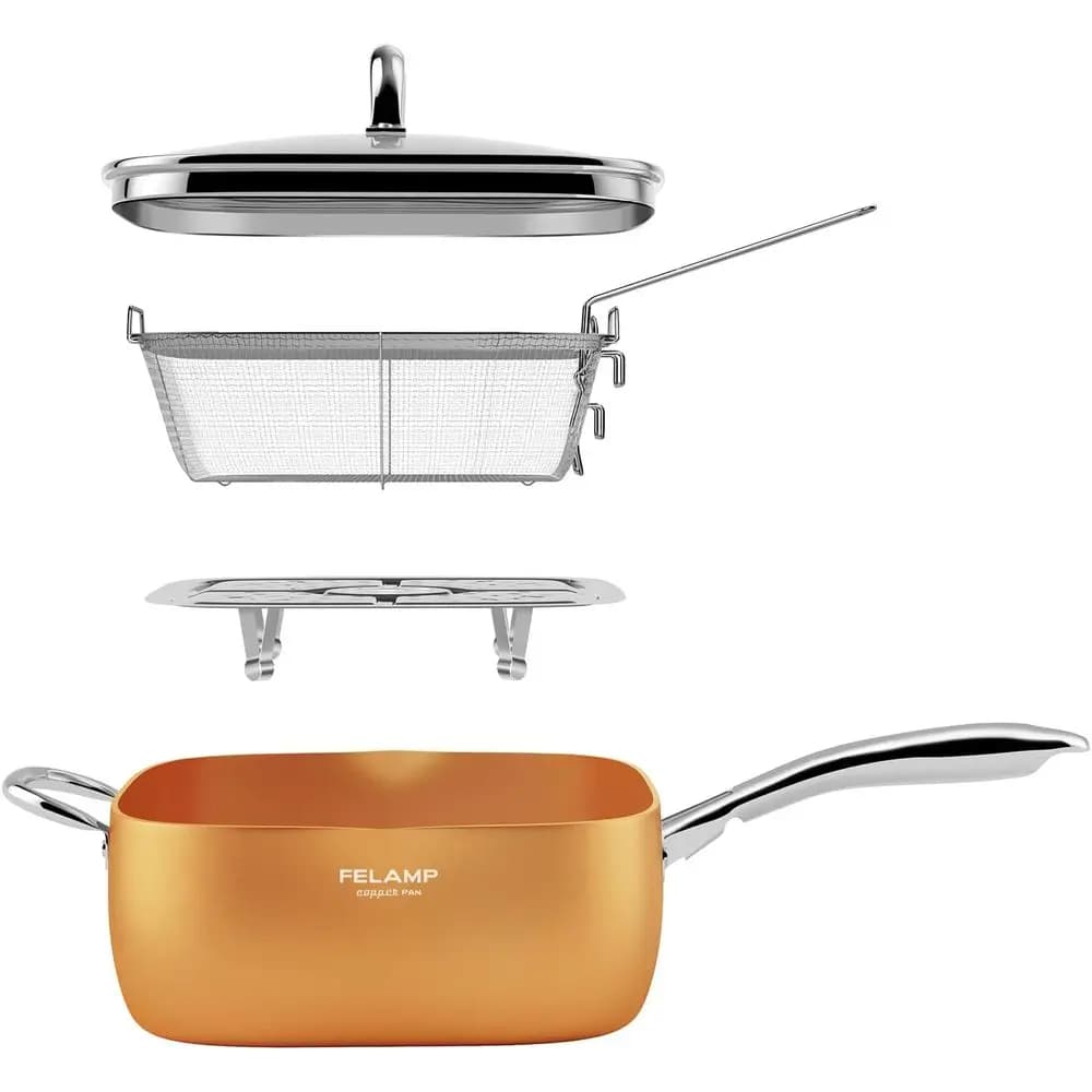 Set di Padelle Quadrate Profonde Antiaderenti da 11 Pollici con Coperchio in Vetro, Cestello e Griglia in Acciaio Inox, Compatibili con Induzione, Forno e Lavastoviglie