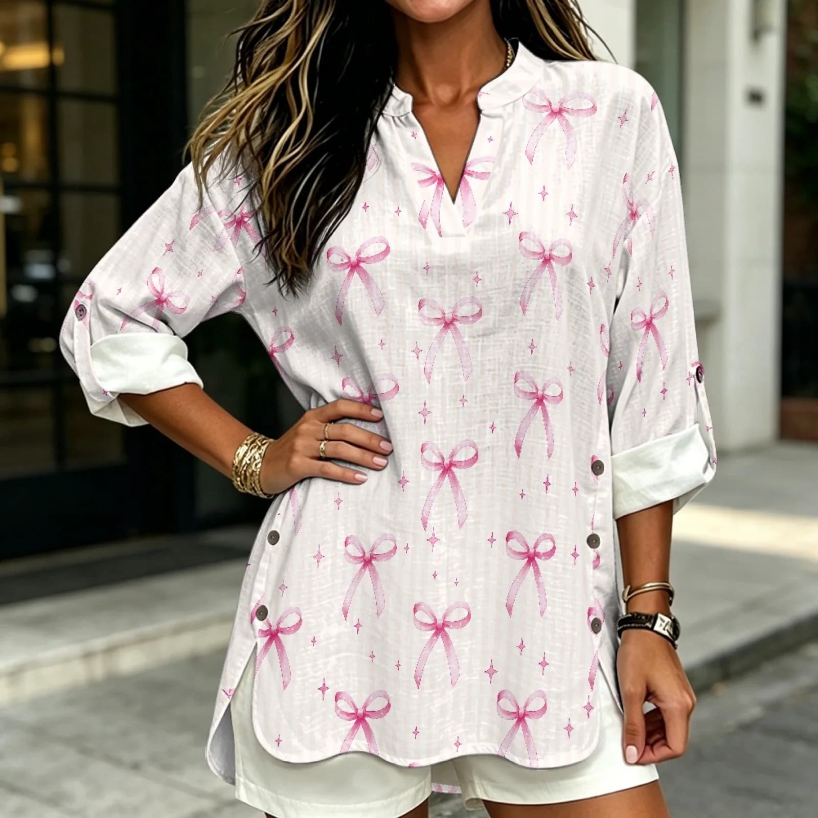 PENSTROLL Pink Bow Tie Stars Linen Like Casual Blouses Roll up Women's Long Sleeve Tops for Workout Sizes S-5XL
