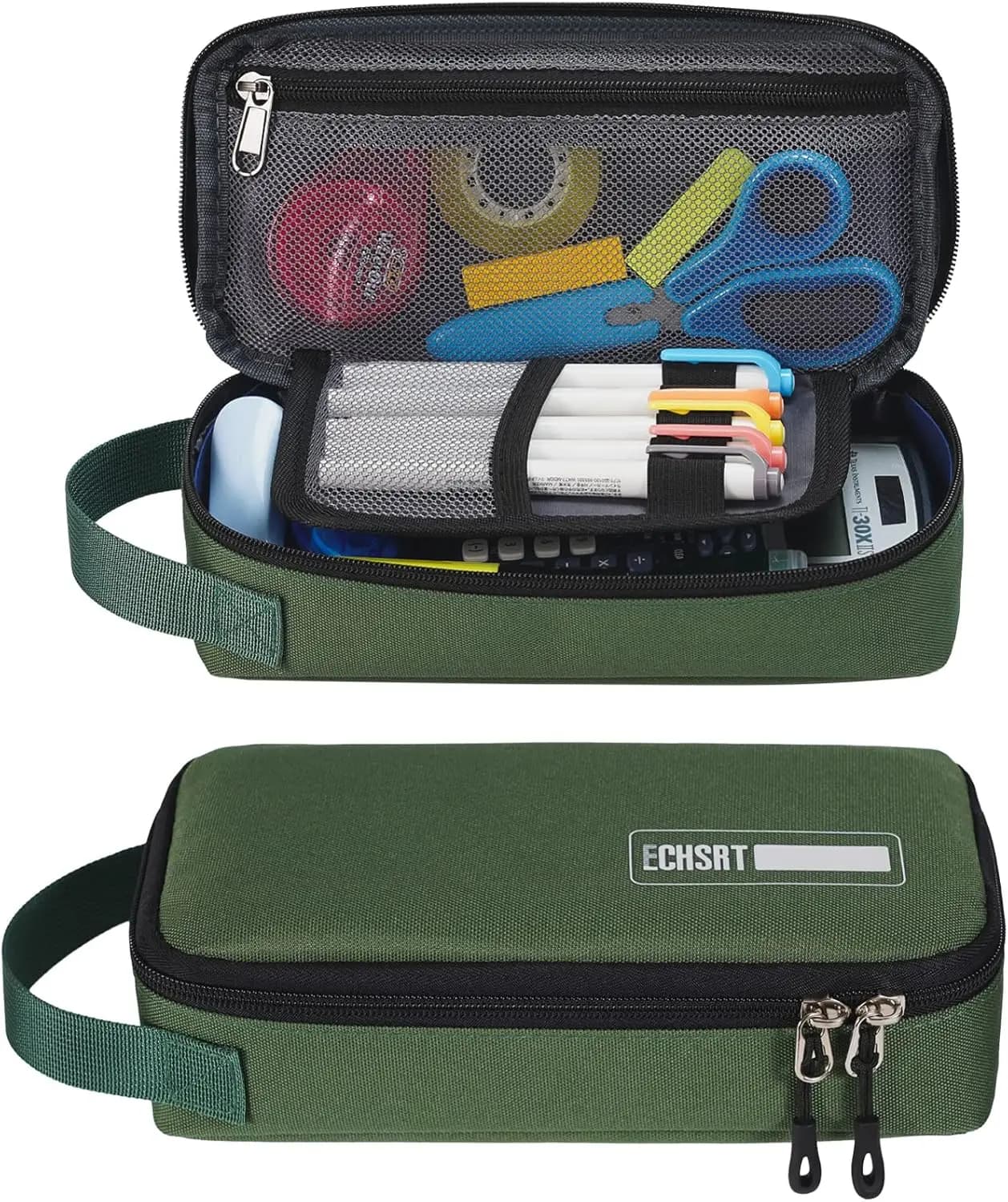 Astuccio grande per uomo e donna, borsa portapenne portatile con maniglia per forniture da ufficio e scuola, organizer estetico con cerniera verde