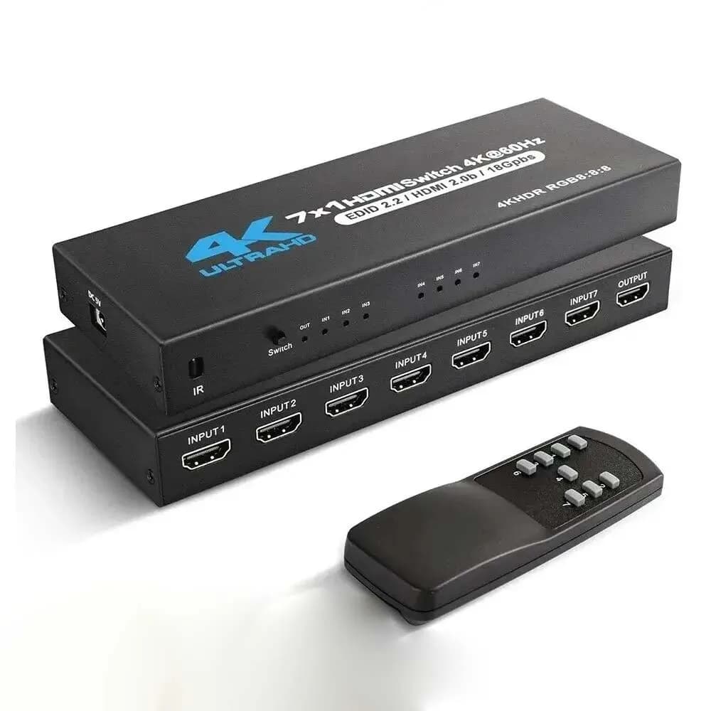 7 Port HDMI Switch 2.0 4K@60Hz 7x1 HDMI 2.0 Switcher With IR Remote Audio Video Converter 7 in 1 out Support HDR & HDCP 2.2 DC5V