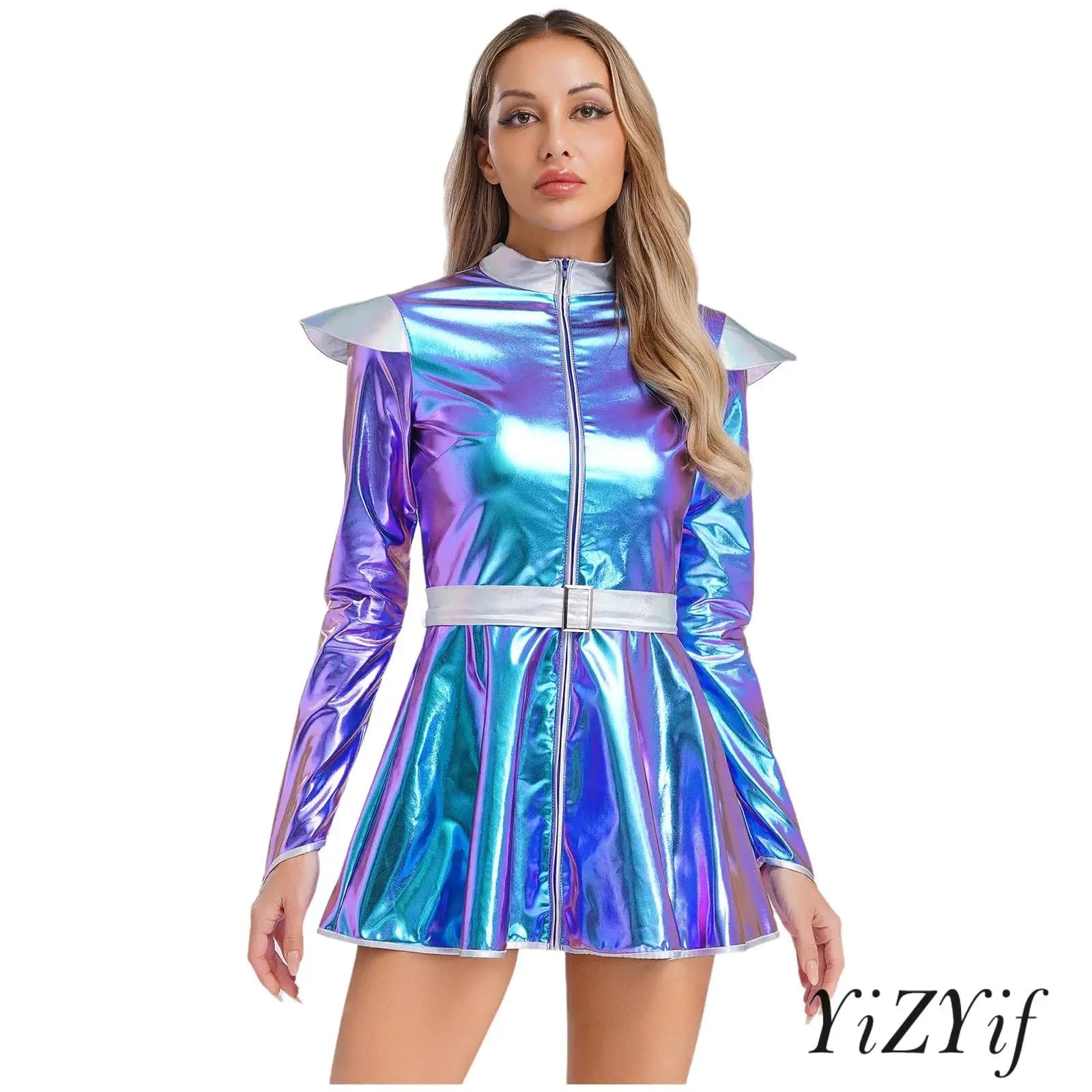 Costume da alieno di Halloween da donna, maniche lunghe, zip frontale, abito a trapezio con cintura, costume da robot alieno metallizzato lucido