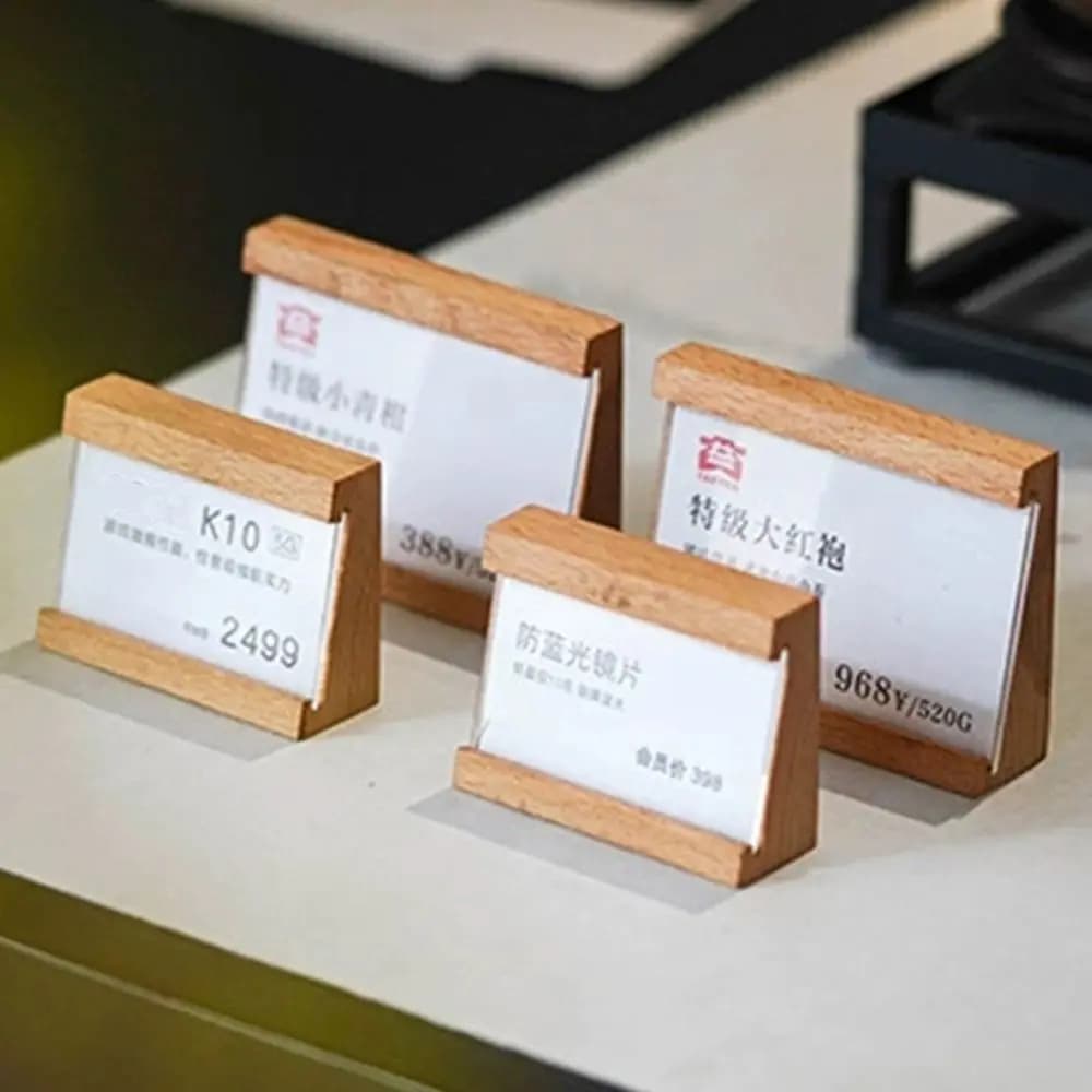Espositore Creativo Multiformato per Cartellini Prezzi, Base in Legno Kahki Coffee, Porta Etichette, Porta Cartelli, Porta Targhette, Espositore per Gioielli