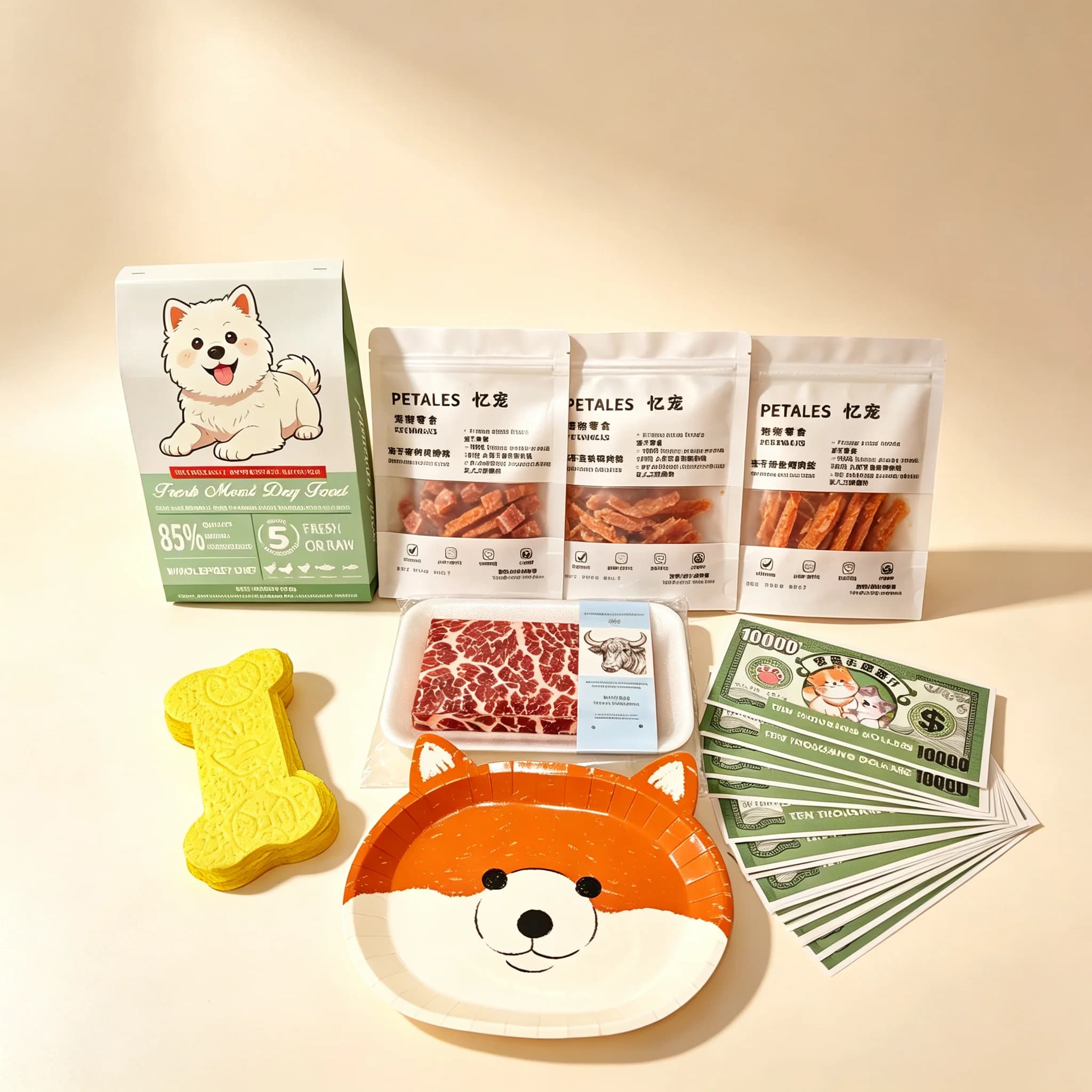 Pet Memorial Sacrificial Set Dog Heaven Money 50 Bone Coins 20 Bank Notes Food Treats Bowl Pet Funeral Offering Kit for Loss Tri