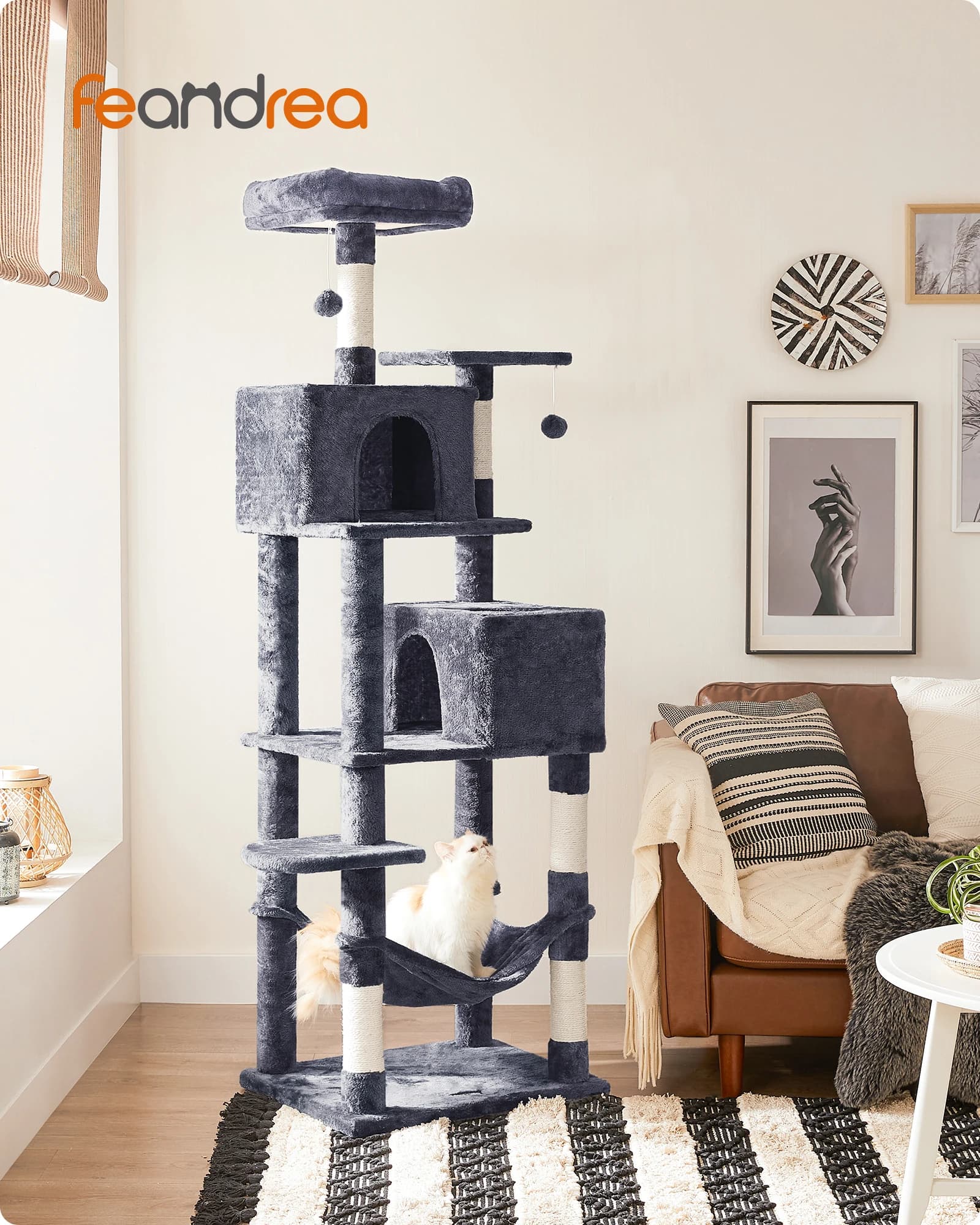 Feandrea Cat Tree, Albero per Gatti Alto 185 cm, Condo Multilivello in Peluche con 5 Tiragraffi, 2 Posatoi, 2 Grotte, Amaca, 2 Pompon