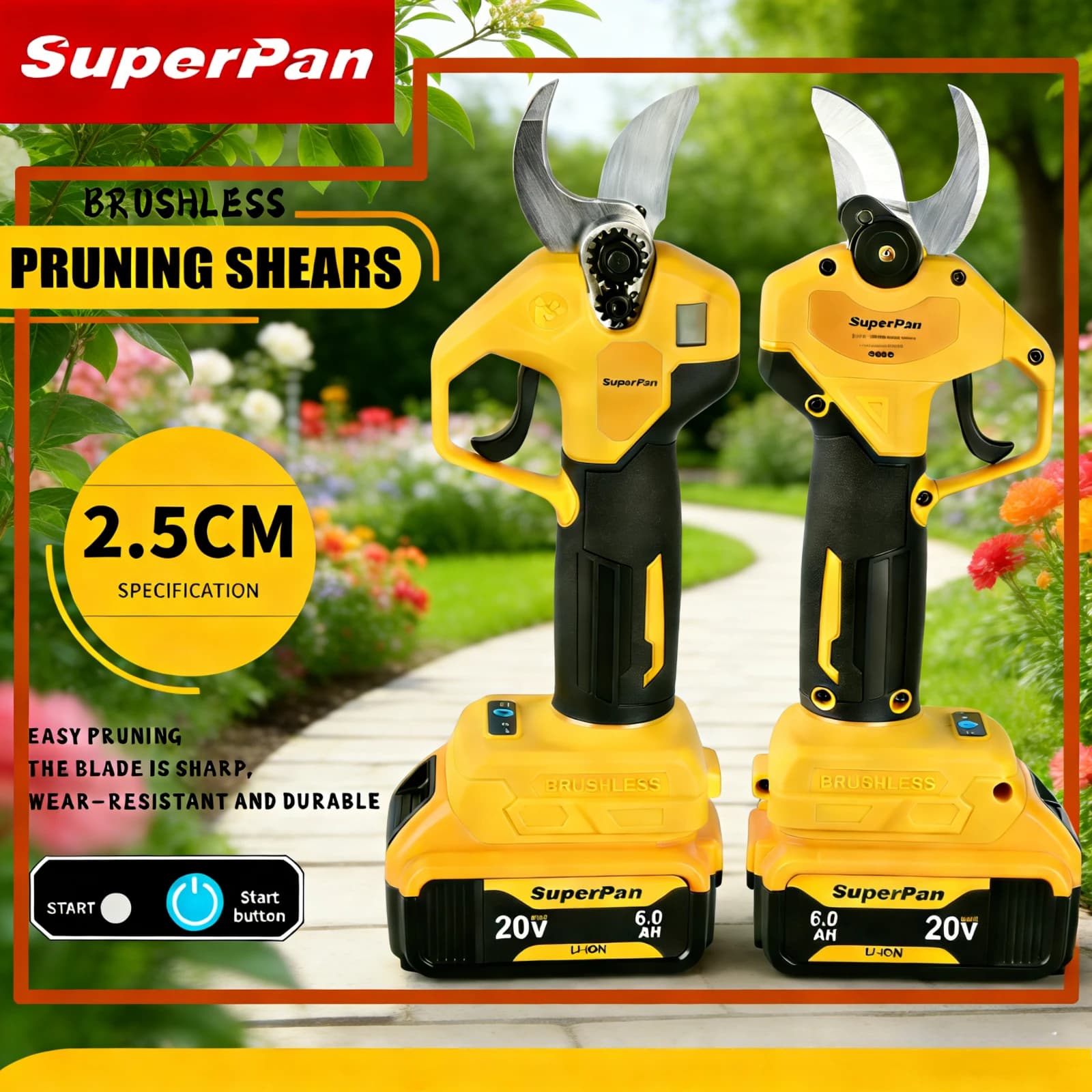 SuperPan battery pruning scissors, cutting diameter 2.5 cm, 20V for bamboo pruning, compatible with DeWalt 20V battery.