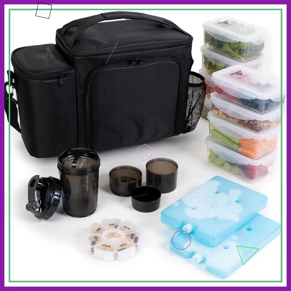 Borsa Termica Grande Nera per il Pranzo con 8 Contenitori, Porta Pillole, Shaker e 2 Pacchi Ghiaccio