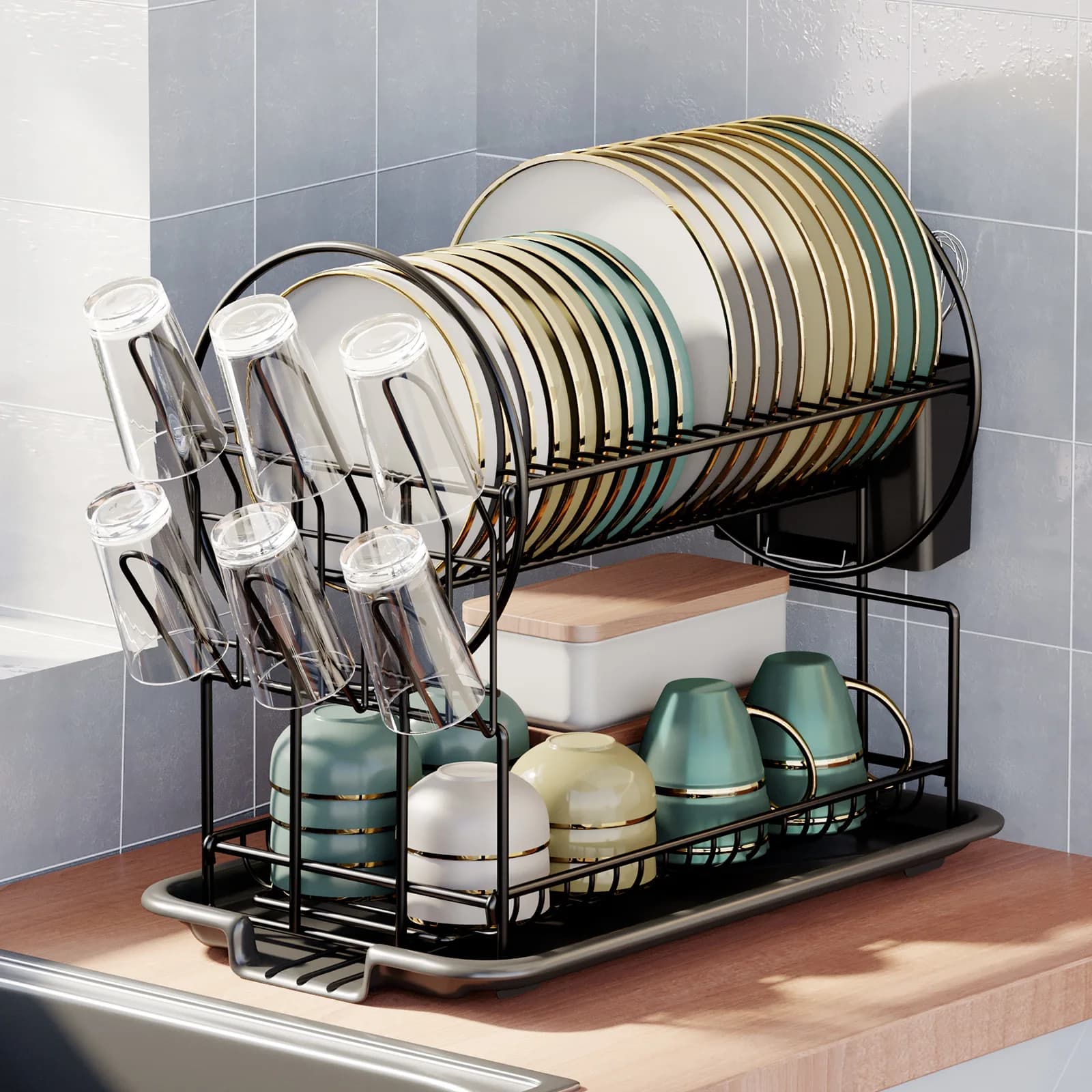 Piatto da cucina Ciotola Scolapiatti Rack di stoccaggio con scolapiatti Bacchette Coltello Forchetta Organizzatore di tazze d'acqua Organizzatore da bancone da cucina