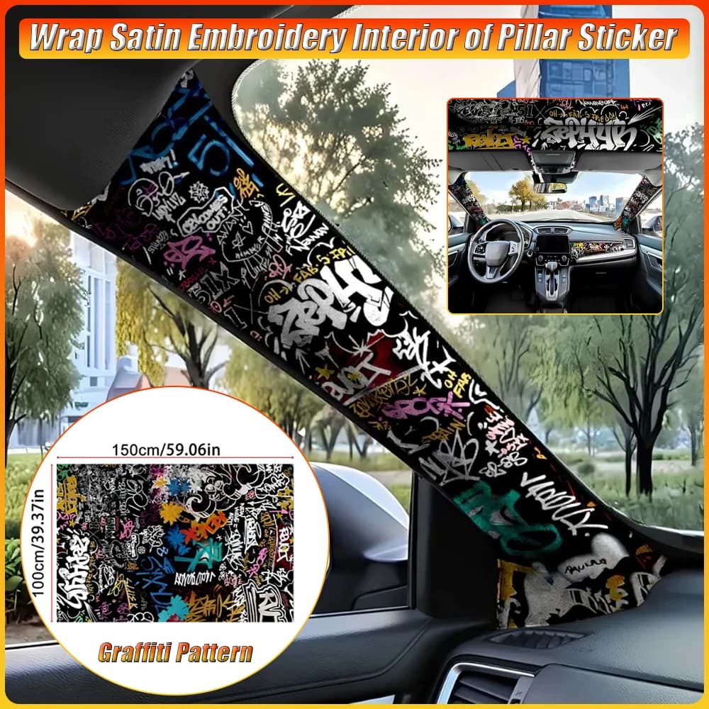 Interni auto Graffiti Pattern Wrap Ricamo in raso Interno del pilastro Adesivo Tessuto autoadesivo generale per rivestimento del pilastro AB