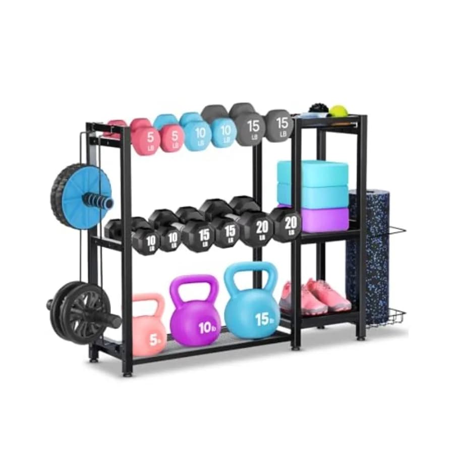 Support for 3 Levels Adjustable for Home Gym, Organizer Heavy Duty Bearing with Hand Hooks, Kettlebell and Foam Weights