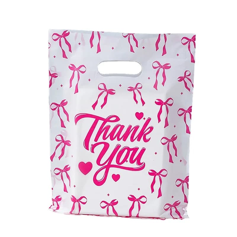 Pink Bow Print Thank You Plastic Die Cut Handle Bags Custom Logo Printed Carry Shopping Packaging Bags for Shoes Clothing Retail Boutiques and Small Business