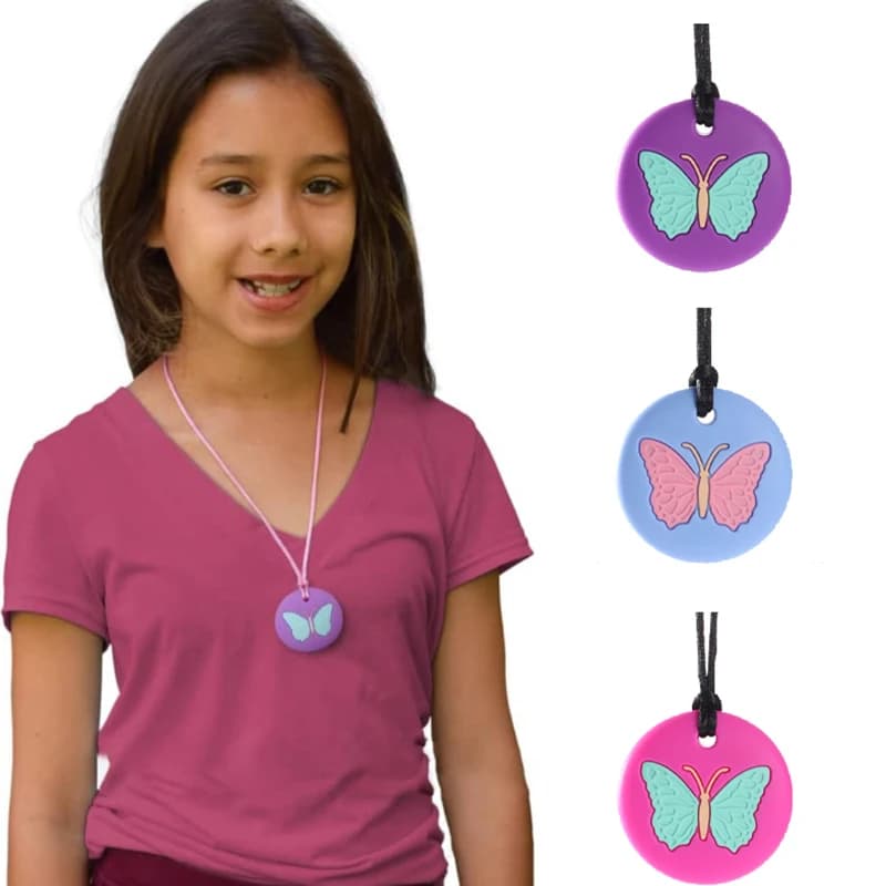 Collana Masticabile a Forma di Farfalla per Autismo e ADHD, Giocattolo Sensoriale in Silicone per Bambini, Ciondolo Masticabile