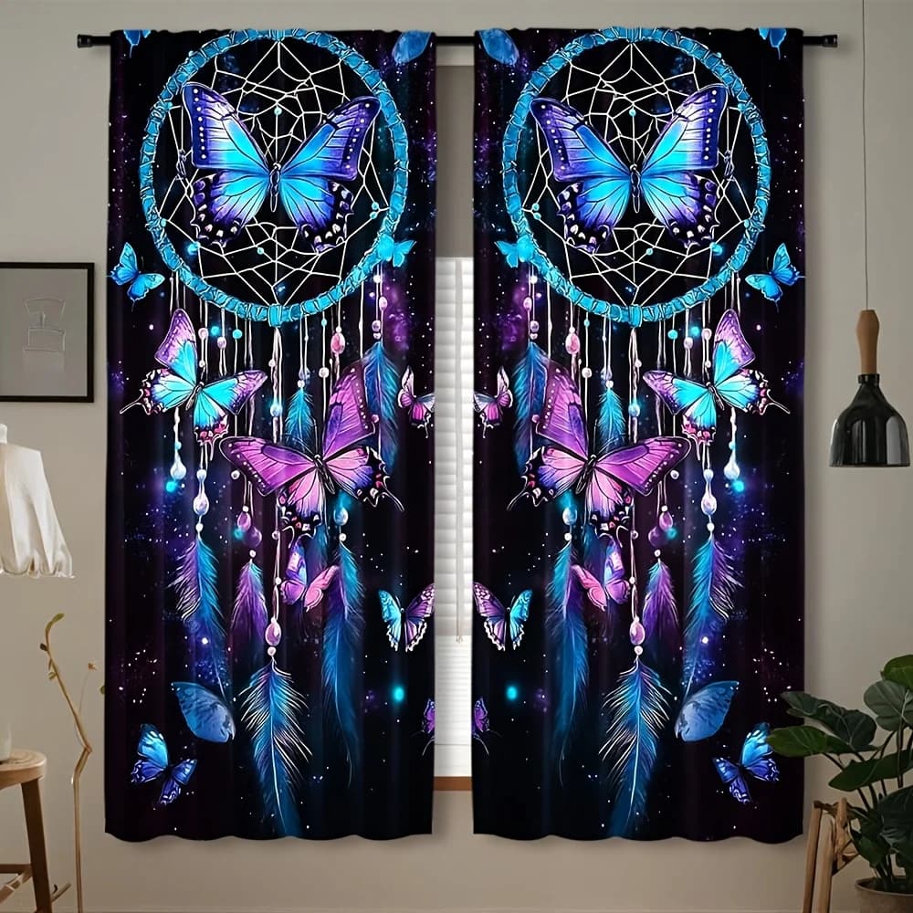 2PC Bohemian Dreamcatcher Butterfly Semi-Blackout Curtains Blue Purple Green Feathers Starry Night Sky for Bedroom Living Room