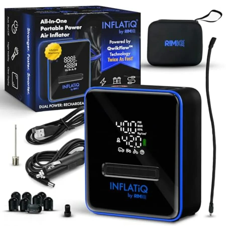 INFLATiQ di RIMiQ Gonfiatore per pneumatici blu - Potente tecnologia QWIKFLOW pluriprente con 2 opzioni di alimentazione portatili incluse - Stro