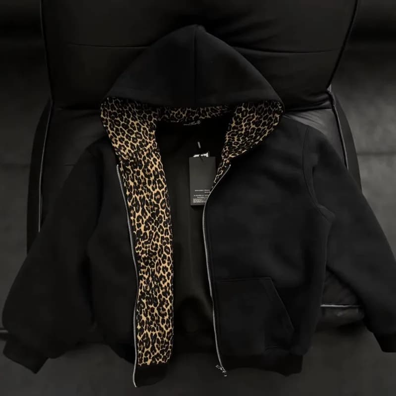 QICHE Men American Vintage Zip Up Hoodie Contrast Spliced Leopard Lining Clean Fit Design Casual Jacket For Autumn