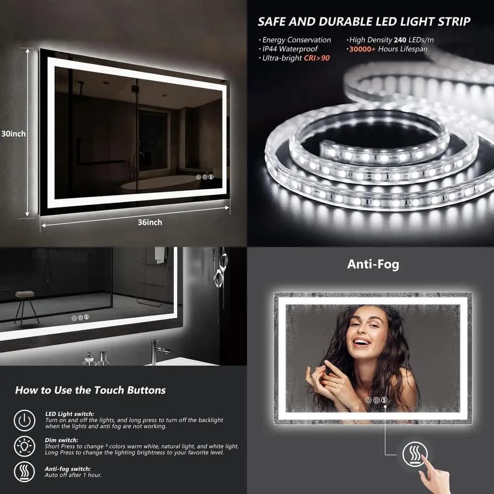 Specchio da bagno illuminato a LED 36 x 30 con funzione antiappannamento, luce dimmerabile a 3 colori, argento