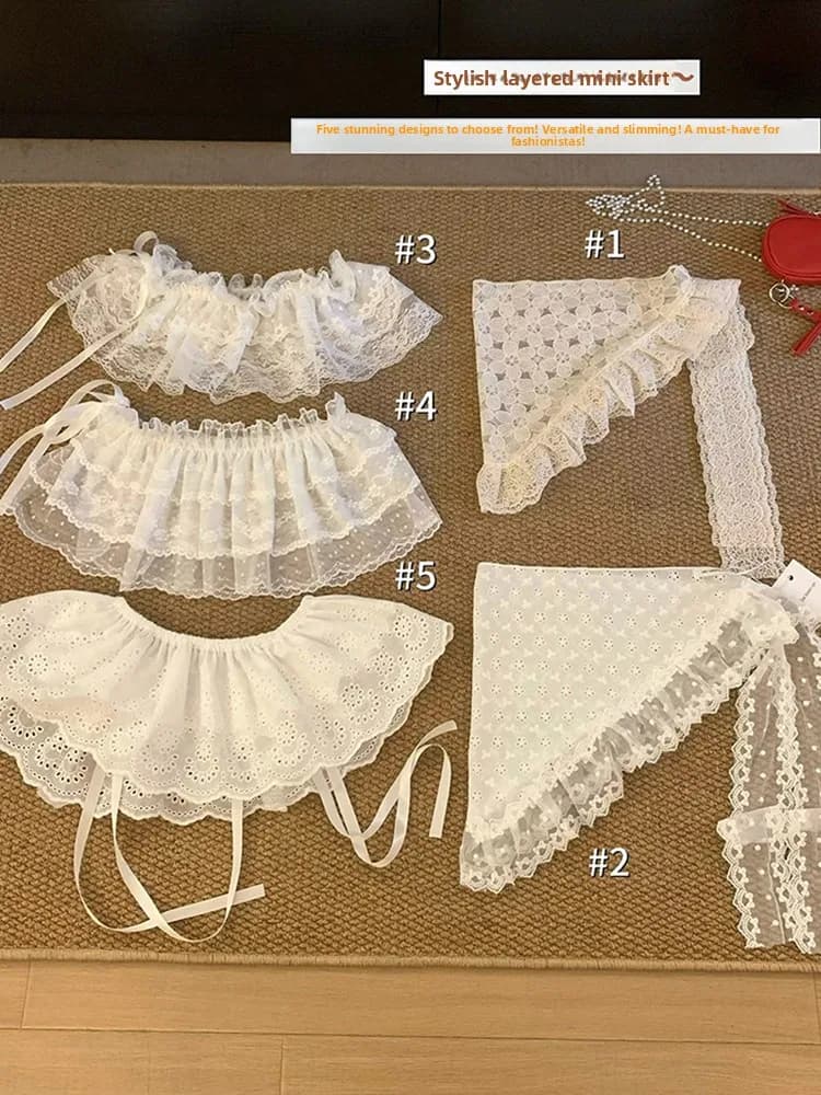Gonna corta in pizzo bianco da donna, stile coreano, a strati, in pelle, con decorazione a cintura in vita, dolce e versatile