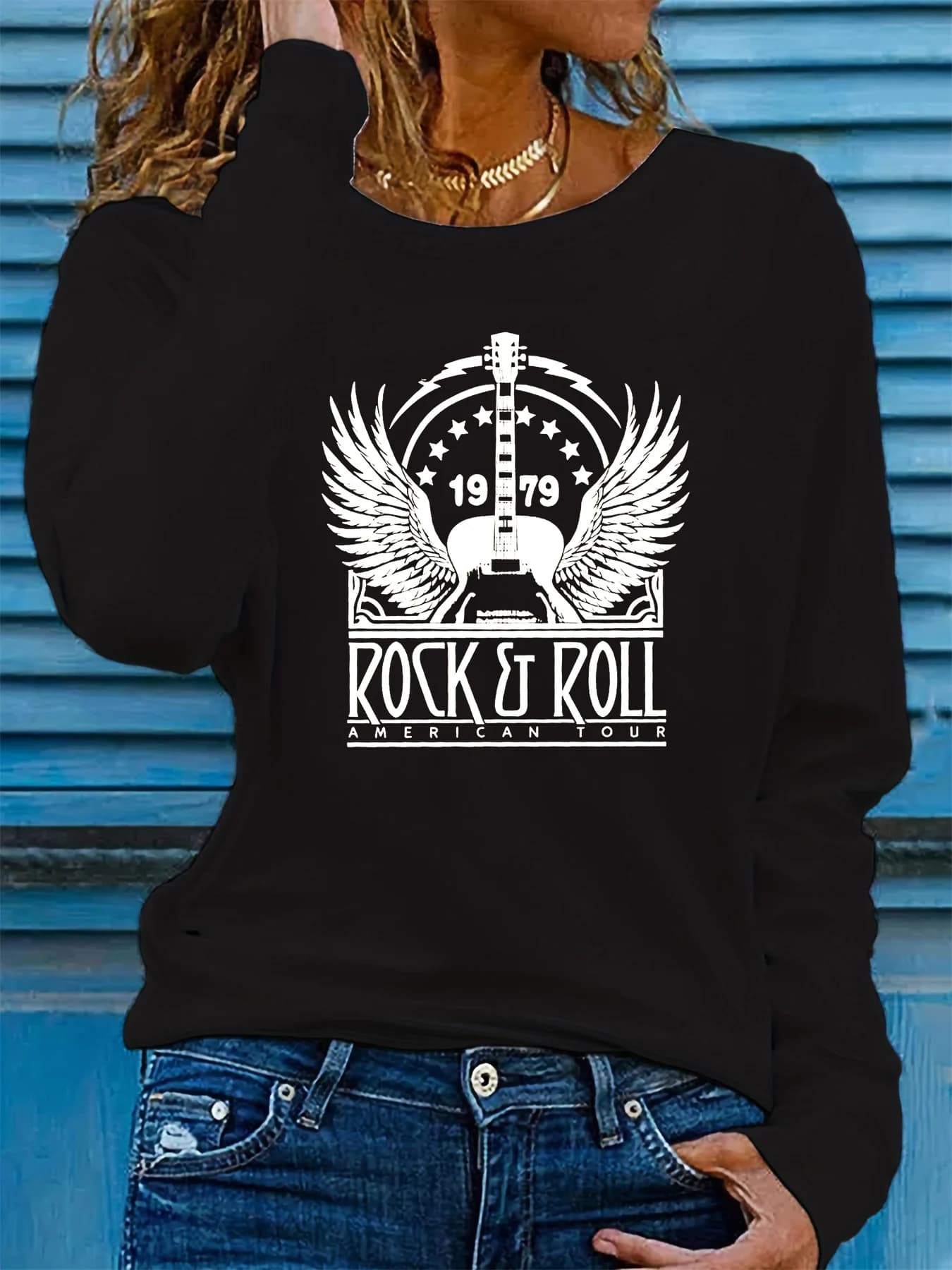 T-shirt girocollo stampata con motivo ROCK ROLL a maniche lunghe casual comoda primavera e autunno da donna in cotone 100%