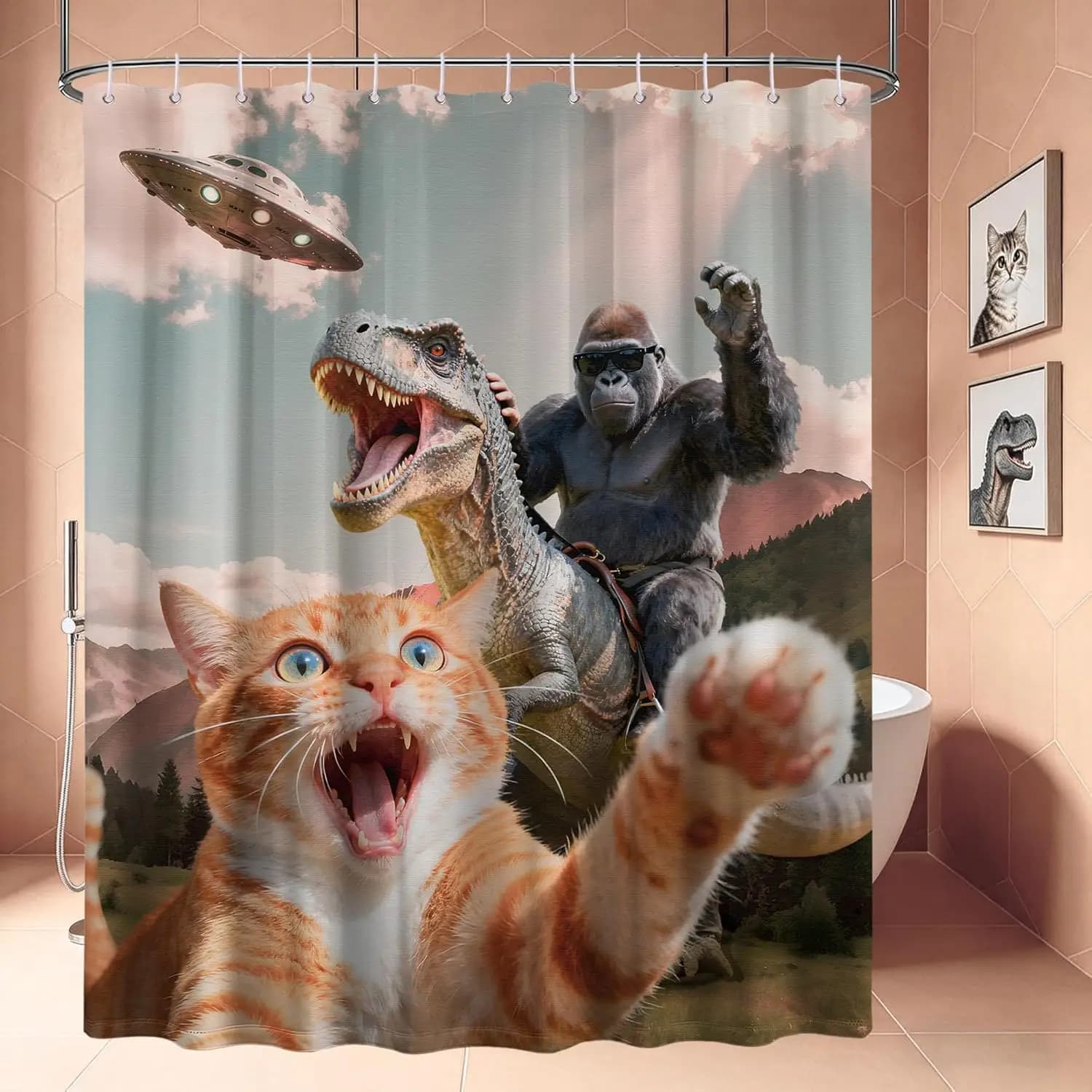 Funny Cat Dinosaur Monkey Shower Curtain, Cool Print Waterproof Fabric Bath Curtain with Hooks for Teens Kids Bathroom Decor